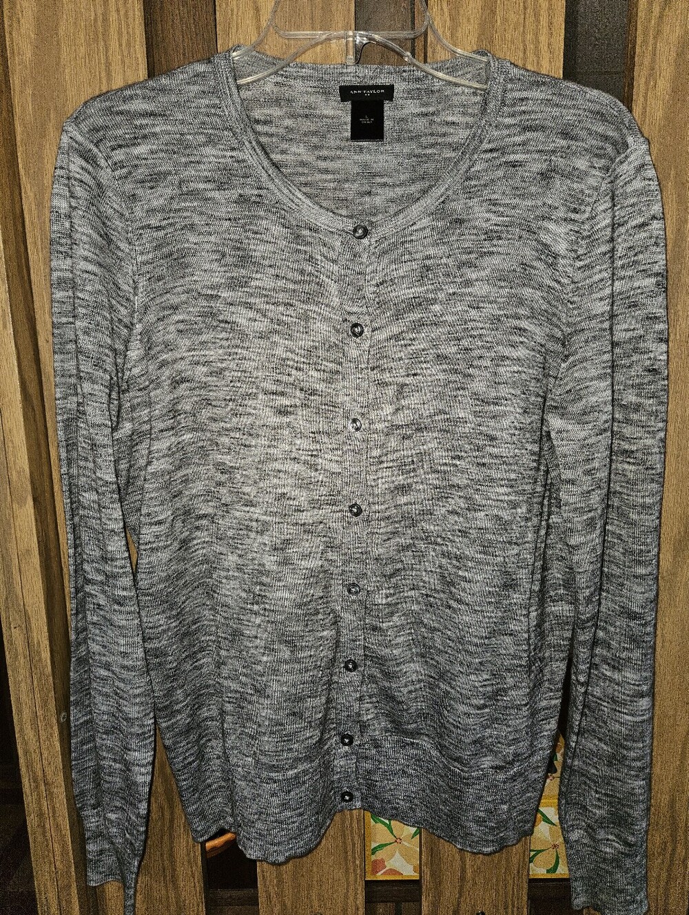 Ann Taylor Sz L Black Marled Lightweight Knit Button Down Cardigan